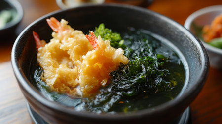 Enjoy a flavorful bowl featuring crispy tempura shrimp atop a bed of fresh seaweed, perfect for a cozy dining experience or a casual meal.の素材