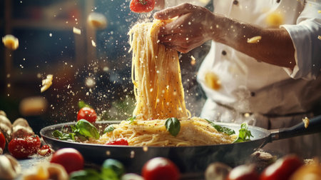 A chef skillfully prepares fresh pasta in a bustling kitchen, surrounded by vibrant ingredients, creating a delicious and inviting culinary experience.の素材