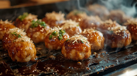 Freshly grilled meatballs glistening with a savory glaze, surrounded by aromatic herbs. Perfect for a flavorful meal or a summer barbecue.の素材
