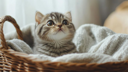 A cute kitten rests in a cozy basket lined with a soft blanket, gazing upward with wide eyes. This charming scene captures the essence of feline innocence and warmth.の素材