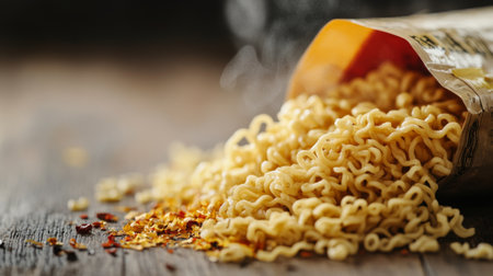 A close-up of steaming instant noodles spilling from their package, sprinkled with red pepper flakes. Perfect for showcasing quick meal options.の素材