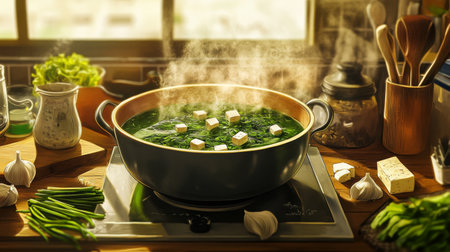 A steaming pot of fresh spinach soup with tofu, resting on a cozy kitchen stove. The inviting scene features aromatic ingredients and a warm ambiance, perfect for a nourishing meal.の素材