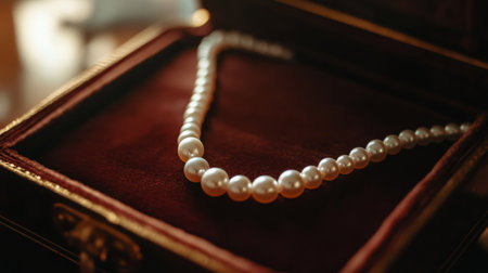 A stunning pearl necklace elegantly displayed on a plush velvet background. This exquisite piece showcases timeless beauty and sophistication, perfect for any occasion.の素材