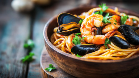 A vibrant bowl of seafood pasta featuring shrimp and mussels, garnished with fresh herbs. A perfect dish for gourmet dining or family meals.の素材