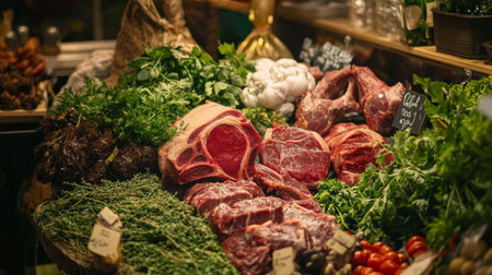 A vibrant market display showcasing fresh meat cuts alongside green herbs and vegetables, highlighting culinary creativity and freshness in food preparation.の素材