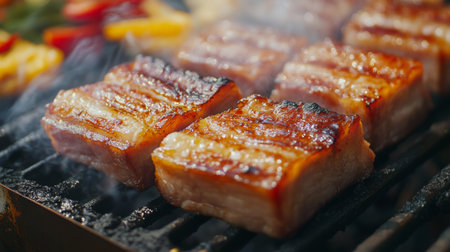 Mouthwatering grilled pork belly sizzling on a barbecue grill, surrounded by aromatic smoke. Perfect for summer barbecues and gourmet dishes.の素材