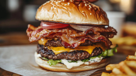 A mouthwatering bacon cheeseburger showcasing layers of beef, melted cheese, crispy bacon, fresh lettuce, and juicy tomato, perfect for any meal.の素材