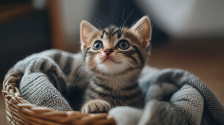 An adorable tabby kitten gazes up with curiosity from a cozy basket, embodying innocence and playfulness. Perfect for any pet or animal-themed project.の素材