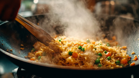 A close-up of vibrant stir-fried rice with fresh vegetables in a kitchen setting. The dish emits steam and colorful ingredients create an appetizing scene.の素材