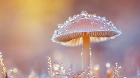 A stunning closeup of a mushroom glistening with raindrops in a serene forest setting, showcasing nature's beauty and tranquility at dawn. Perfect for nature enthusiasts.の素材