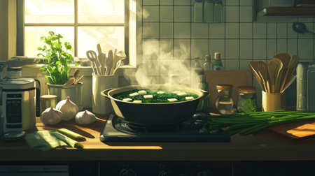 A cozy kitchen scene featuring a steaming pot of fresh greens, sunlight streaming through the window, and vibrant herbs on display. Perfect for food lovers.の素材
