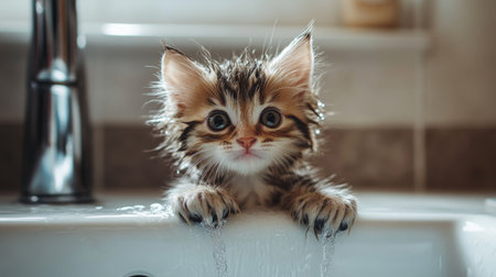 A cute wet kitten peeks out from a bathtub, showcasing its playful spirit after bath time. The scene captures the charm and innocence of pets.の素材