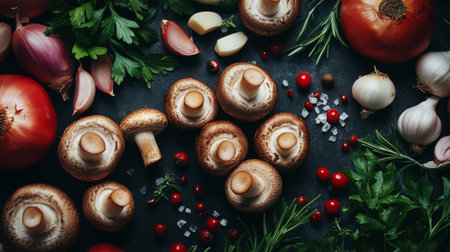 A vibrant flat lay of fresh mushrooms, garlic, and various vegetables on a dark surface, showcasing the beauty of raw ingredients for cooking and preparation.の素材