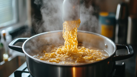 A vibrant image of noodles cooking in a steaming pot on the stove, showcasing the boiling action and warm atmosphere of a home kitchen, perfect for food lovers.の素材