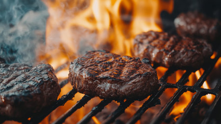 Mouth-watering steaks sizzling over an open flame create a delicious barbecue atmosphere. Perfect for summer gatherings or restaurant menus.の素材