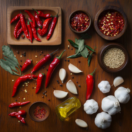 A vibrant arrangement of fresh culinary ingredients including red chilies, garlic, and assorted spices. Perfect for capturing the essence of cooking.の素材