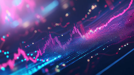 Colorful abstract data visualization featuring vibrant lines and glowing dots, ideal for technology and analytics themes. Perfect for creative projects.の素材