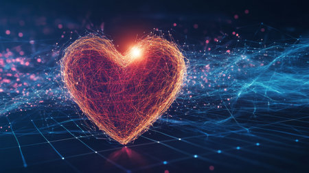 This digital artwork features a glowing heart made of light and particles, representing love and connection in a technological context. Perfect for modern designs.の素材
