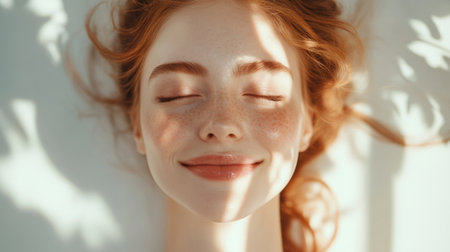 A serene portrait of a young woman smiling gently, showcasing her freckles and glowing skin. Soft shadows and warm sunlight create a tranquil atmosphere.の素材