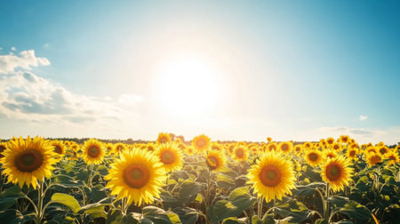 A breathtaking view of a sunflower field under a bright blue sky, showcasing vibrant yellow blooms swaying in the gentle breeze. Perfect for nature-themed projects.の素材