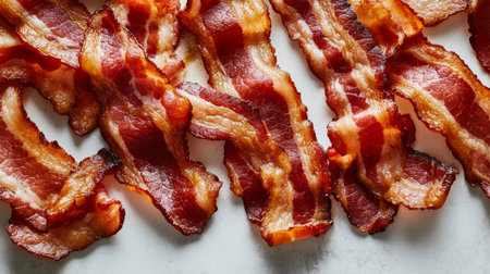A close-up view of crispy bacon strips arranged neatly on a white surface, perfect for showcasing deliciousness and culinary appeal in food photography.の素材