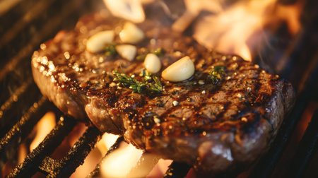 A juicy grilled steak garnished with garlic and herbs, sizzling over an open flame. Perfect for outdoor barbecues or gourmet meals. Enjoy the rich flavors!の素材