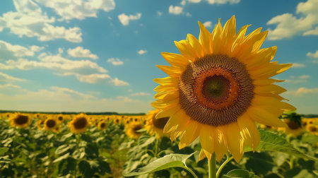 A vibrant sunflower stands tall against a clear blue sky, surrounded by a lush field. This image captures the beauty of nature on a sunny day, showcasing summer growth.の素材