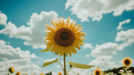A vibrant sunflower stands tall against a clear blue sky dotted with fluffy clouds, showcasing the beauty of nature in full bloom during the summer.の素材