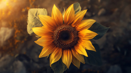 A striking sunflower showcases its vibrant yellow petals under warm sunlight, surrounded by lush green leaves, symbolizing beauty and nature.の素材