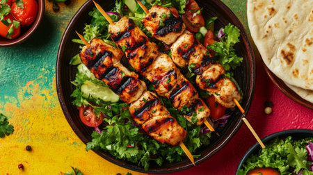 Enjoy a vibrant plate featuring grilled chicken skewers served on a bed of fresh salad and vegetables, perfect for a healthy meal or picnic.の素材