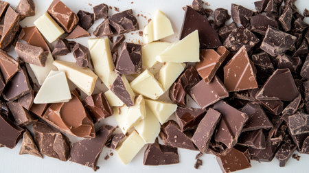 A vibrant assortment of chocolate pieces in various colors and textures, perfect for any culinary project or indulgent treat. A delightful display!の素材