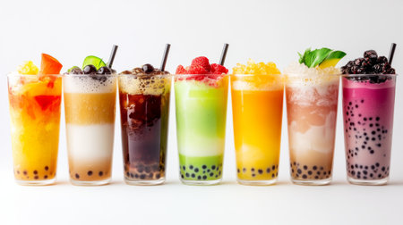 A vibrant display of colorful drinks featuring various flavors and toppings. Perfect for summer events, parties, or beverage menus looking for a refreshing touch.の素材