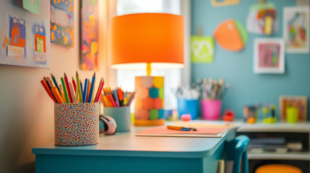A vibrant creative workspace filled with colorful art supplies and decor. This inspiring space features a bright desk, cheerful lighting, and organized materials for artistic pursuits.の素材