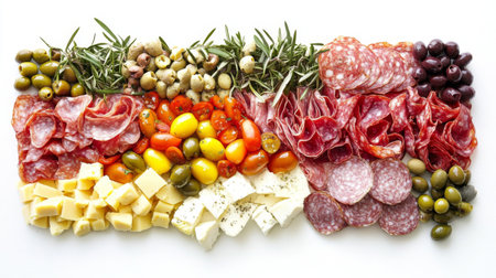 A vibrant charcuterie board featuring an array of meats, cheeses, olives, and fresh herbs. Perfect for parties, gatherings, or casual dining.の素材