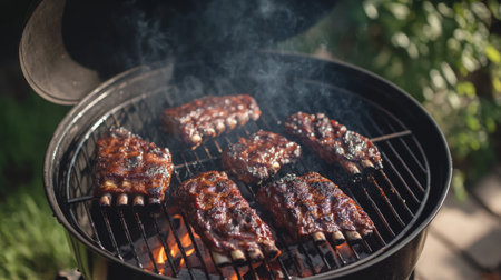 Mouthwatering grilled ribs showcase a smoky flavor, beautifully charred on a barbecue grill, perfect for outdoor cooking and summer gatherings.の素材