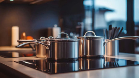 A stylish modern kitchen featuring stainless steel cookware on a sleek stove. The elegant design creates a warm and inviting atmosphere perfect for cooking.の素材