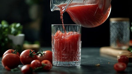 A vibrant scene showcasing freshly made tomato juice being poured into a glass, surrounded by ripe tomatoes. Perfect for healthy cooking and beverage inspiration.の素材