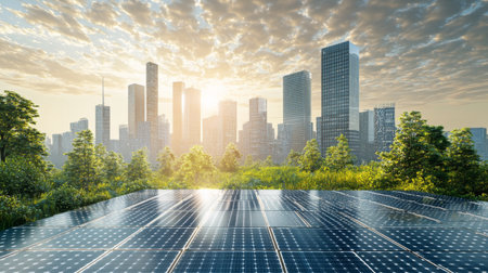 A stunning urban landscape featuring solar panels reflecting the sunlight, surrounded by lush greenery and a modern city skyline. This image emphasizes renewable energy and sustainability.の素材