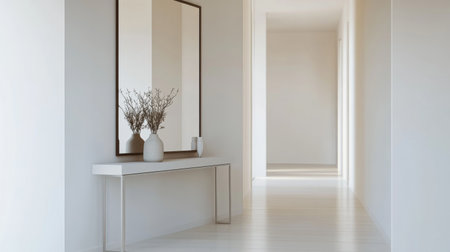 A sleek and spacious hallway featuring a minimalist design with a large mirror, elegant vases, and subtle decorative elements, creating a serene atmosphere.の素材