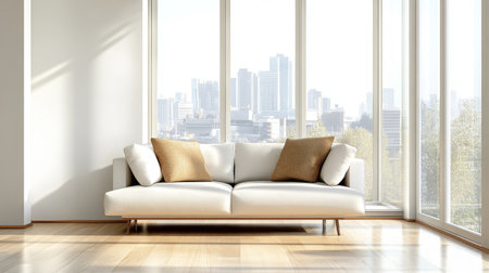 A modern living room featuring a white sofa and gold pillows, with a stunning urban city view through large glass windows, creating a bright atmosphere.の素材