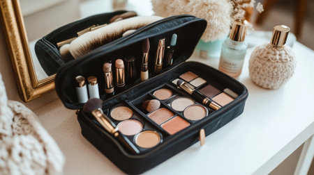 A chic and organized makeup kit displayed on a vanity. The elegant arrangement of cosmetics, brushes, and skincare products offers a glimpse into a stylish beauty routine.の素材