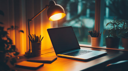 A serene workspace featuring a laptop, warm lamp light, and green plants, perfect for inspiration and productivity in a cozy setting.の素材