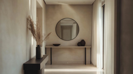This elegant hallway features minimalistic decor with a round mirror, stylish vases, and soft sunlight, creating a peaceful and inviting atmosphere.の素材