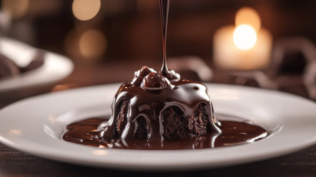 A rich chocolate dessert sits elegantly on a plate, topped with a silky sauce that drizzles down its sides. Perfect for a gourmet indulgence.の素材