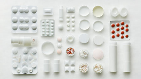 A visually pleasing arrangement of various white medicine capsules and tablets on a white background, showcasing shapes and colors in a clinical style.の素材