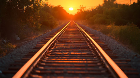 Capture the beauty of a tranquil railway scene at sunset. The glowing sun casts warm light on the tracks, inviting a peaceful journey through nature.の素材