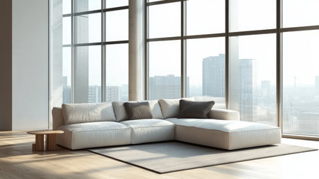 A bright and spacious living room featuring a modern corner sofa adorned with cushions, large windows offering a stunning city view, ideal for relaxation.の素材
