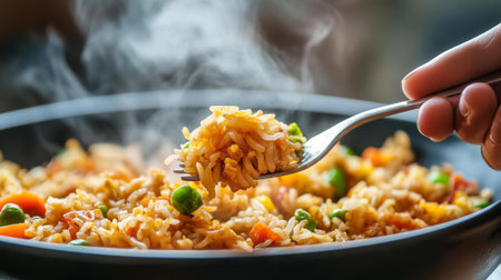 A close-up view of steaming fried rice with assorted vegetables, served on a plate. A fork picks up the flavorful meal, showcasing its vibrant colors and appetizing aroma.の素材