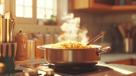 A steaming pot of noodles sits on a stovetop in a cozy kitchen, bringing warmth and delicious aroma to the space, inviting you to enjoy a homemade meal.の素材