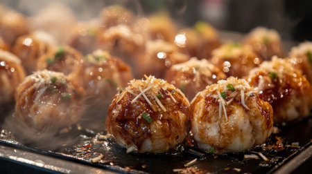 A close-up view of delicious takoyaki balls cooking on a hot grill. The savory snack features a glossy glaze, garnished with scallions, showcasing traditional Japanese street food.の素材